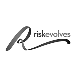 Logo featuring a stylized, flowing letter R followed by the words riskevolves in lowercase. This sleek, modern design in grayscale embodies the innovative spirit of Glued marketing, a leading marketing agency in Warwickshire.