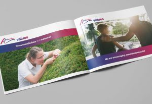 An open booklet reveals two pages. On the left, a person trims a hedge with the text We are meticulous and measured. On the right, a mentor guides a child with We are encouraging and entrepreneurial. Crafted by Glued Limited, your go-to branding agency in Warwickshire.