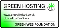 Logo for Green Hosting featuring a green plant inside a globe with text: www.gluedlimited.co.uk Hosted by ProStack and Green Web Foundation at the bottom.