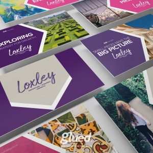 A collage of brochures and leaflets with vibrant colors, showcasing phrases like Exploring Strategy for Growth and Small Pieces Make the Big Picture. Designed by Glued Limited, the name Loxley is prominently featured among abstract and nature images, embodying a marketing agency in Warwickshire.