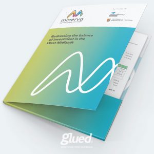 A brochure titled Redressing the Balance of Investment in the West Midlands, crafted by Glued, a renowned marketing agency in Warwickshire. It features logos like Minerva and Aston University, adorned with a colorful abstract design.