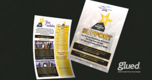 Two flyers with information about the College Marketing Networks FE First Awards 2020 feature star graphics, the CMN logo, and the word Glued at the bottom. One flyer details award categories, while the other outlines participation benefits, showcasing creativity by branding agency Glued Limited in Warwickshire.