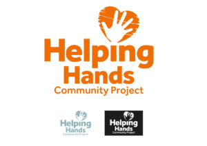 Logo for Helping Hands Community Project featuring an orange handprint within a heart shape above the text. Designed by Glued Marketing, it repeats in smaller versions with light blue and white variations, capturing inclusivity and warmth for your community-driven initiatives.